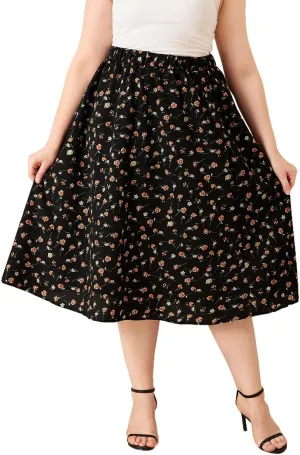 SOLY HUX Women's Plus Size Vintage High Waist A Line Flared Midi Skirt Floral Print Casual Long Skirts