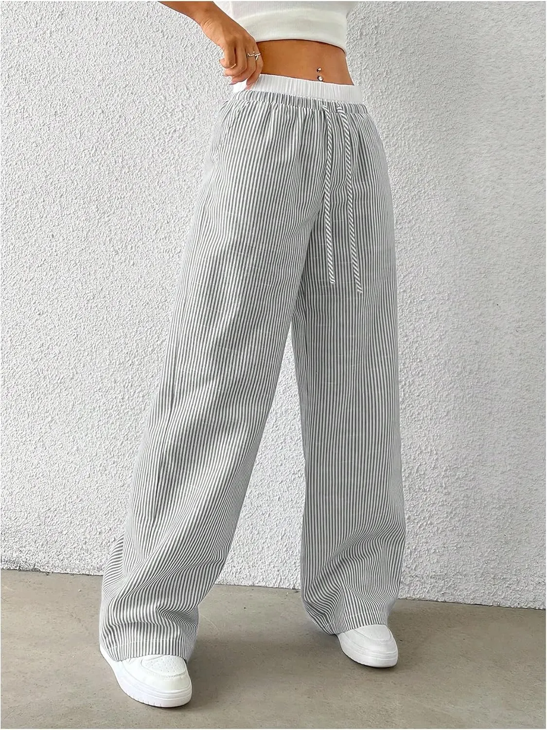 SOLY HUX Women's Striped Wide Leg Pants Drawstring High Waisted Baggy Casual Long Pants
