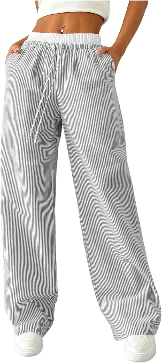 SOLY HUX Women's Striped Wide Leg Pants Drawstring High Waisted Baggy Casual Long Pants