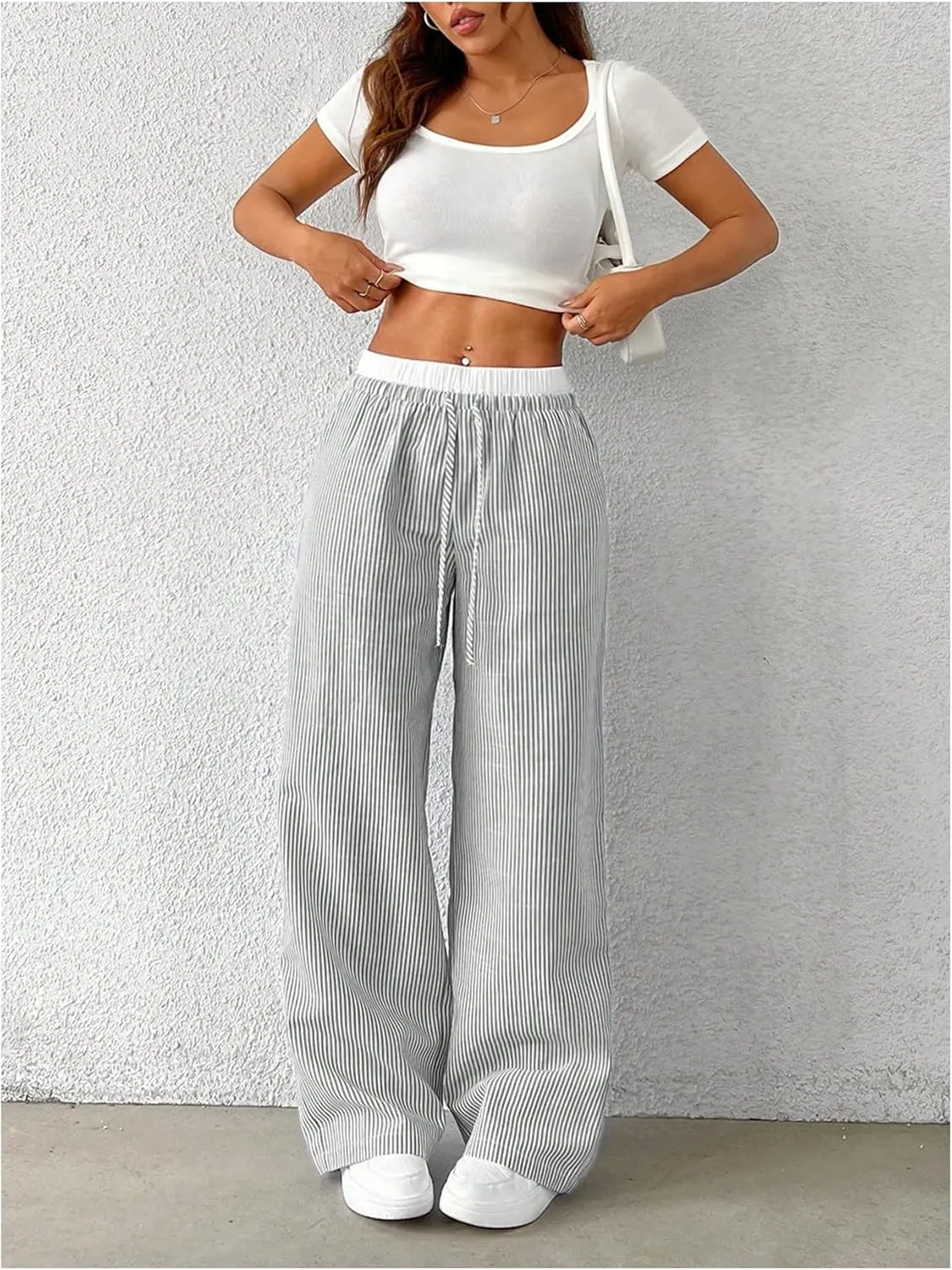 SOLY HUX Women's Striped Wide Leg Pants Drawstring High Waisted Baggy Casual Long Pants