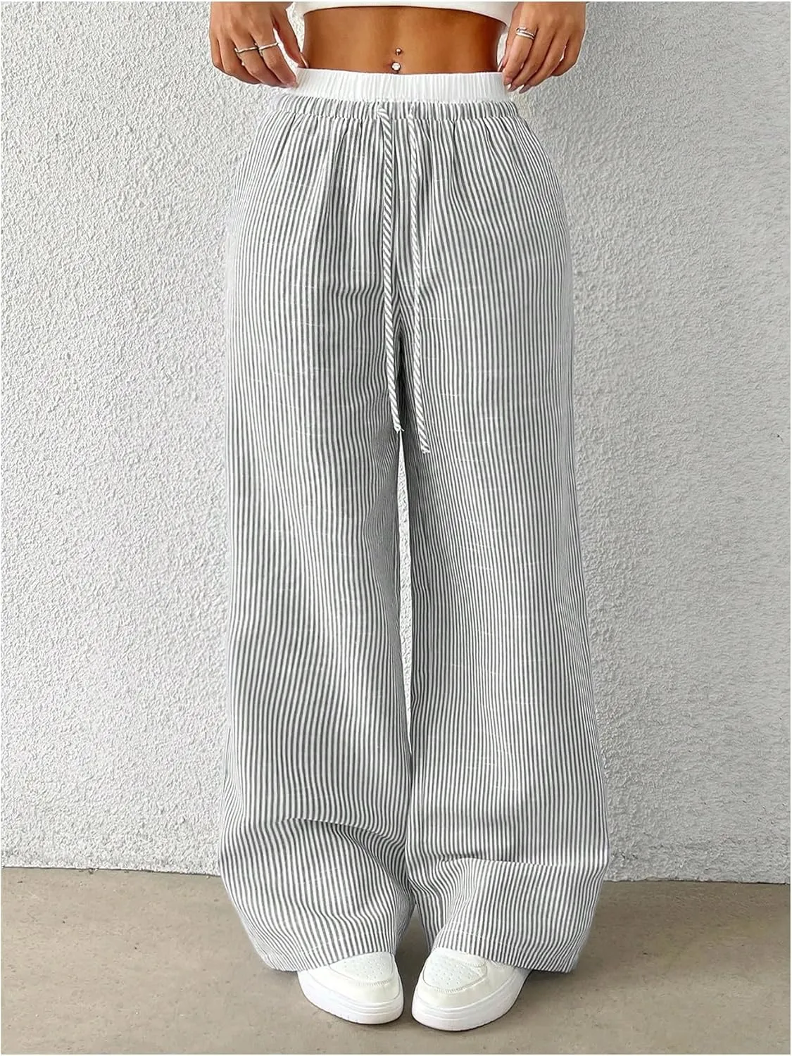 SOLY HUX Women's Striped Wide Leg Pants Drawstring High Waisted Baggy Casual Long Pants