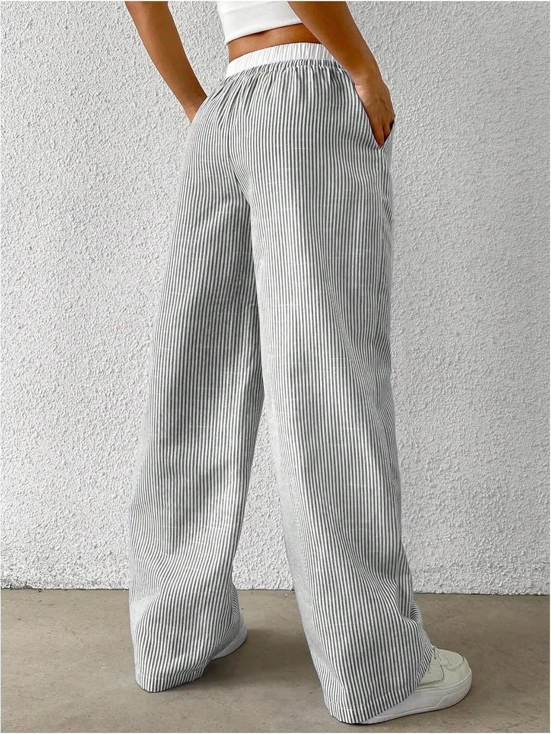 SOLY HUX Women's Striped Wide Leg Pants Drawstring High Waisted Baggy Casual Long Pants