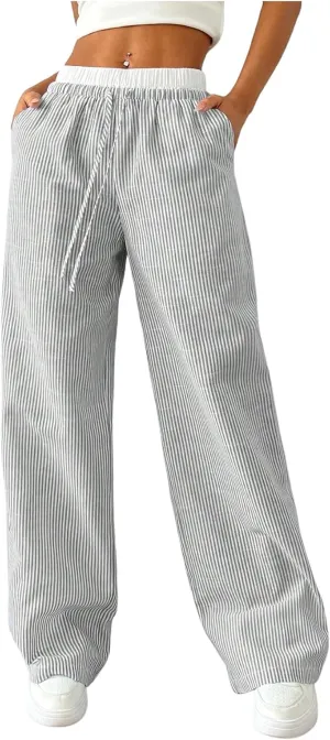 SOLY HUX Women's Striped Wide Leg Pants Drawstring High Waisted Baggy Casual Long Pants
