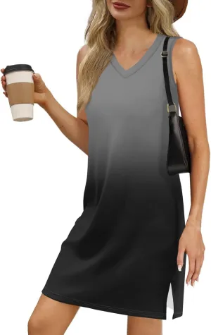 Summer Dresses for Women 2025 Beach Casual Sundresses Loose T Shirt Dresses Sleeveless Floral Tank Dress with Split