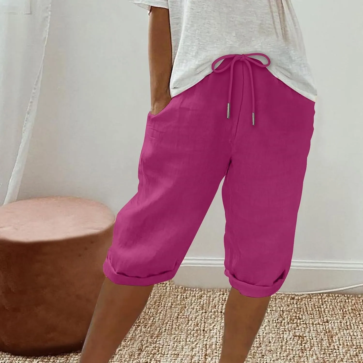 Summer Shorts for Women Elastic Waist Knee Length Bermuda Shorts Casual Loose Loose Comfy Capris Hiking Pants