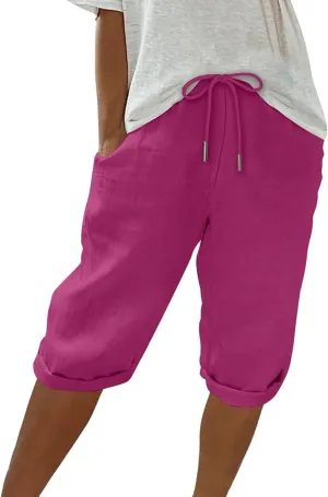 Summer Shorts for Women Elastic Waist Knee Length Bermuda Shorts Casual Loose Loose Comfy Capris Hiking Pants