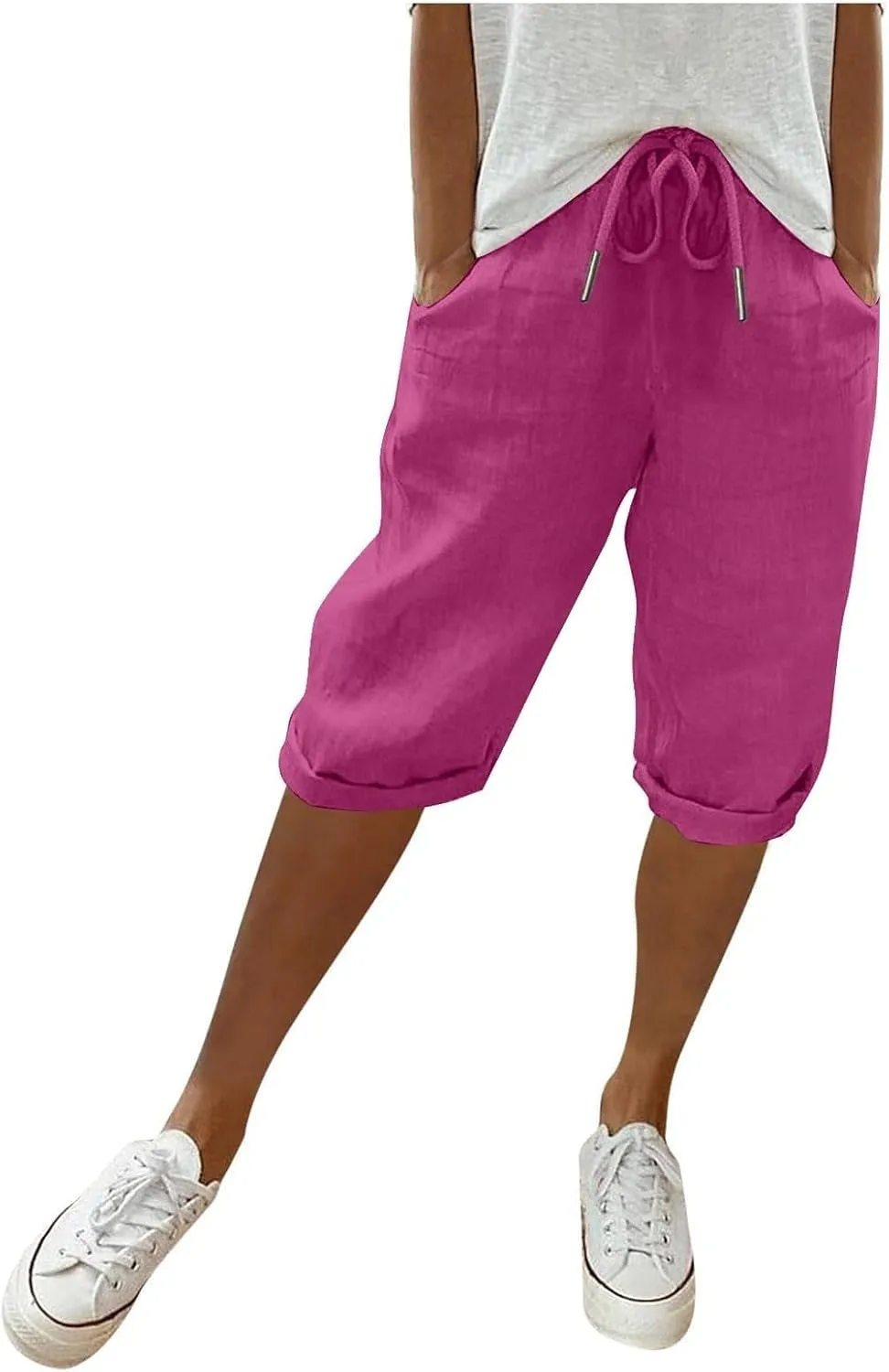Summer Shorts for Women Elastic Waist Knee Length Bermuda Shorts Casual Loose Loose Comfy Capris Hiking Pants