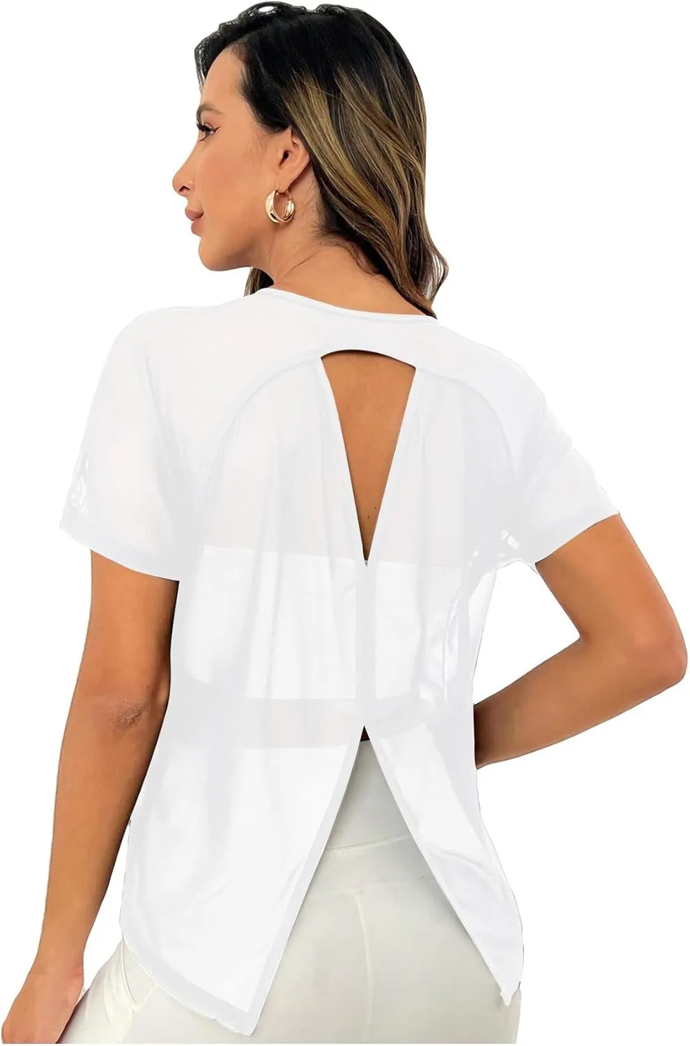SweatyRocks Women's Activewear Short Sleeve Round Neck Mesh Tee Cut Out Split Back Sports T Shirt
