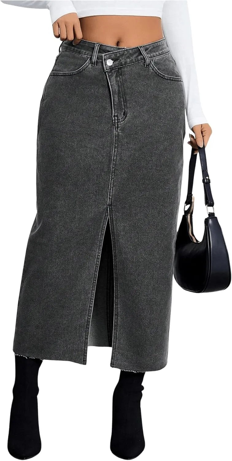 SweatyRocks Women's Casual High Waist Denim Skirt Split Hem Raw Trim Midi Jean Skirts