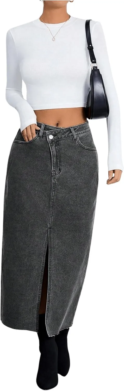 SweatyRocks Women's Casual High Waist Denim Skirt Split Hem Raw Trim Midi Jean Skirts