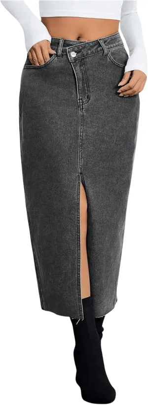 SweatyRocks Women's Casual High Waist Denim Skirt Split Hem Raw Trim Midi Jean Skirts