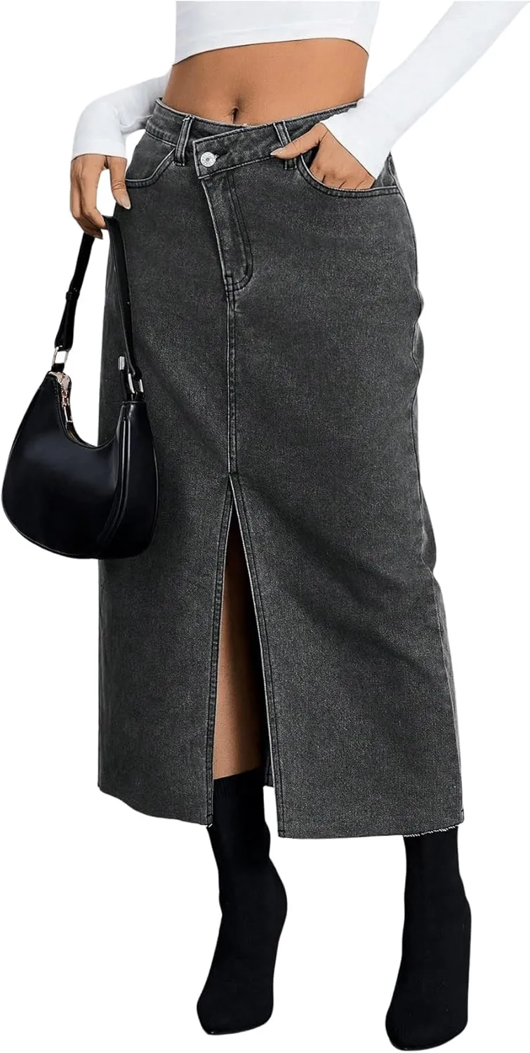 SweatyRocks Women's Casual High Waist Denim Skirt Split Hem Raw Trim Midi Jean Skirts
