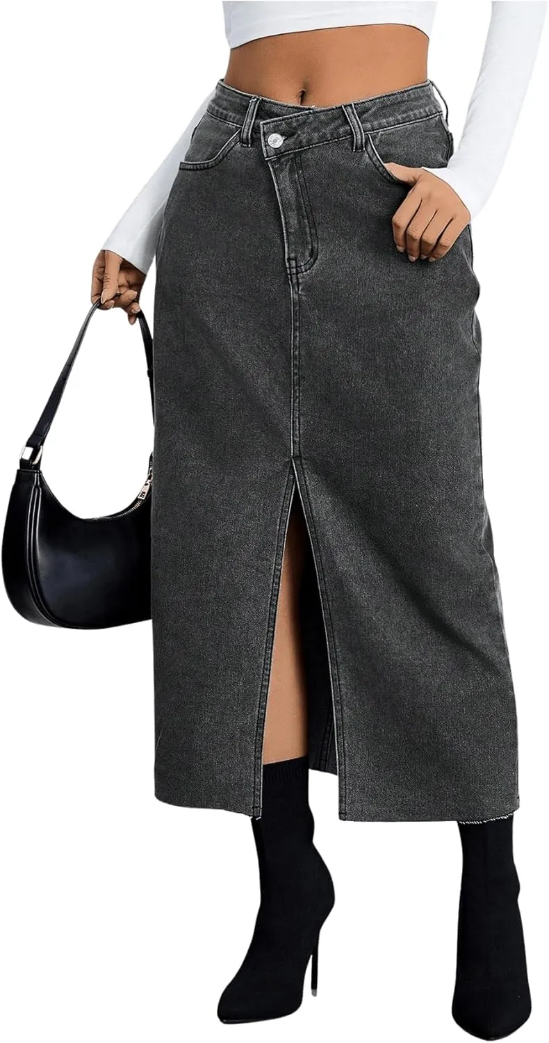 SweatyRocks Women's Casual High Waist Denim Skirt Split Hem Raw Trim Midi Jean Skirts