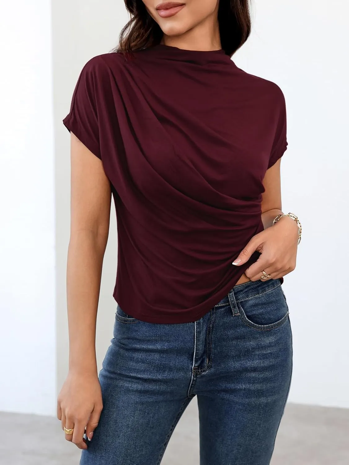 SweatyRocks Women's Casual Short Sleeve Mock Neck Tee Top Asymmetric Ruched Plain T Shirt