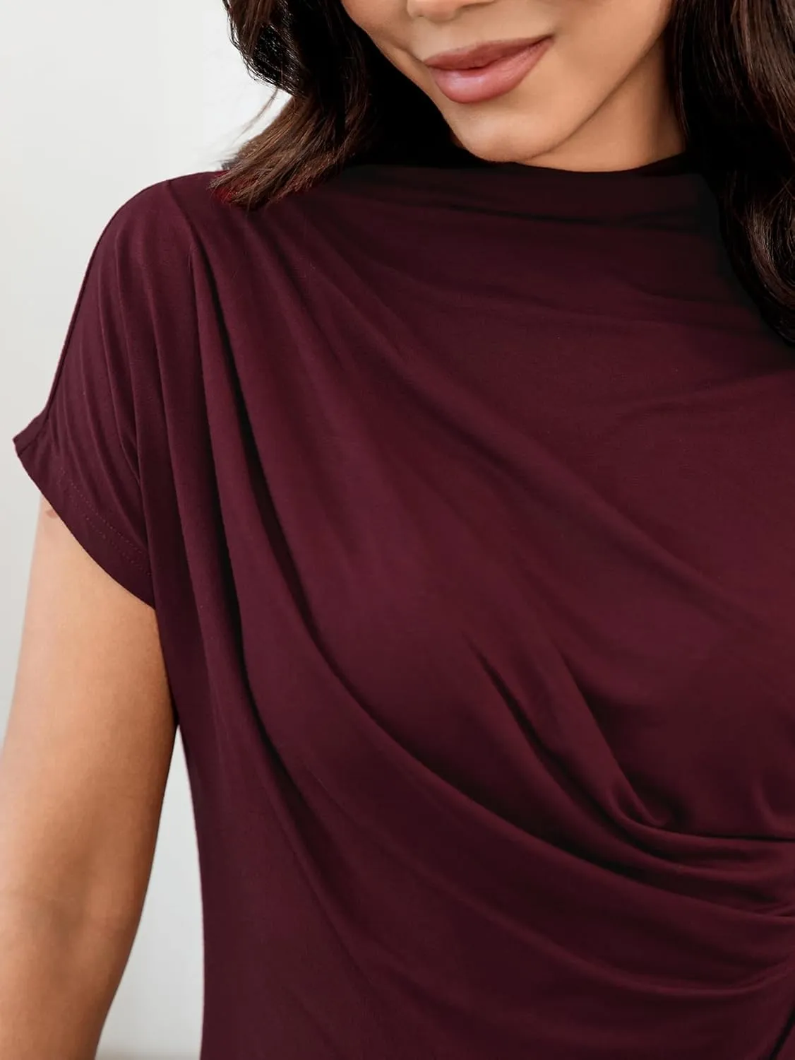 SweatyRocks Women's Casual Short Sleeve Mock Neck Tee Top Asymmetric Ruched Plain T Shirt