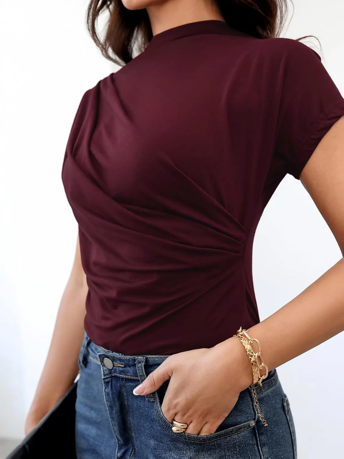 SweatyRocks Women's Casual Short Sleeve Mock Neck Tee Top Asymmetric Ruched Plain T Shirt