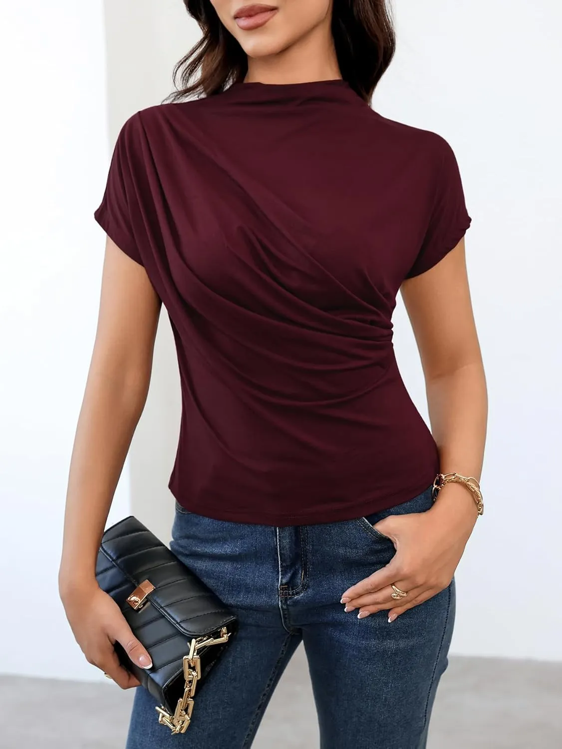 SweatyRocks Women's Casual Short Sleeve Mock Neck Tee Top Asymmetric Ruched Plain T Shirt