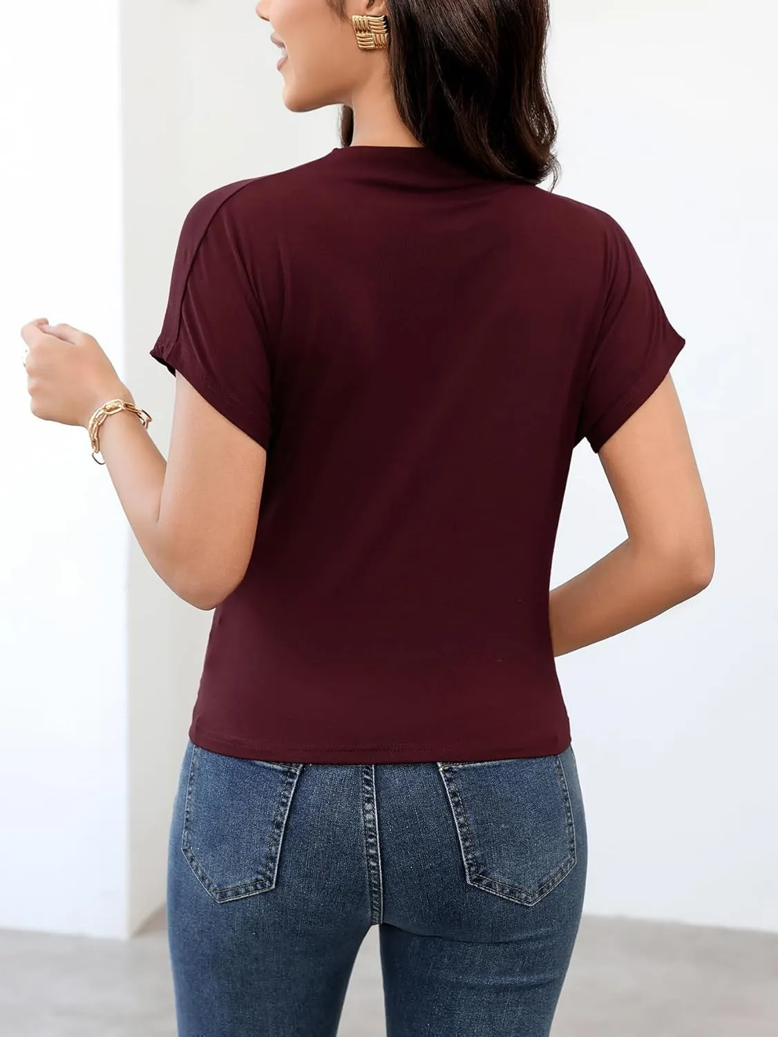SweatyRocks Women's Casual Short Sleeve Mock Neck Tee Top Asymmetric Ruched Plain T Shirt
