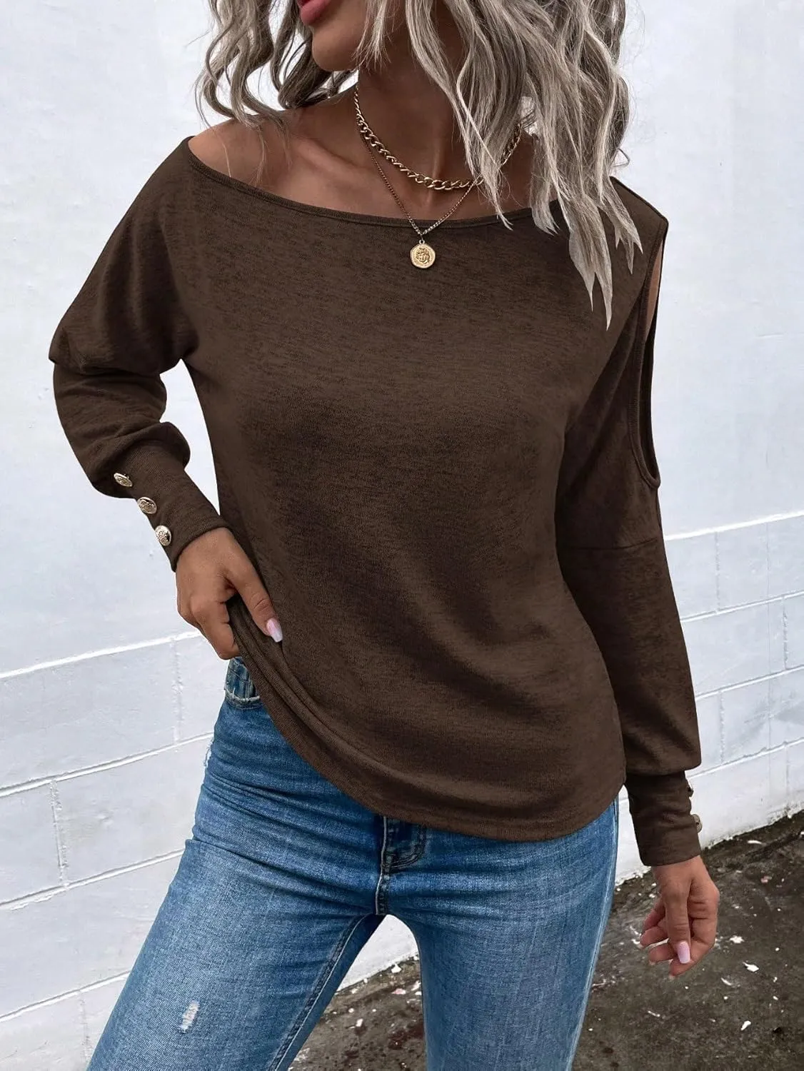 SweatyRocks Women's Cut Out Lantern Long Sleeve Tee Top Off Shoulder Plain Casual Holiday Spring Autumn Shirts