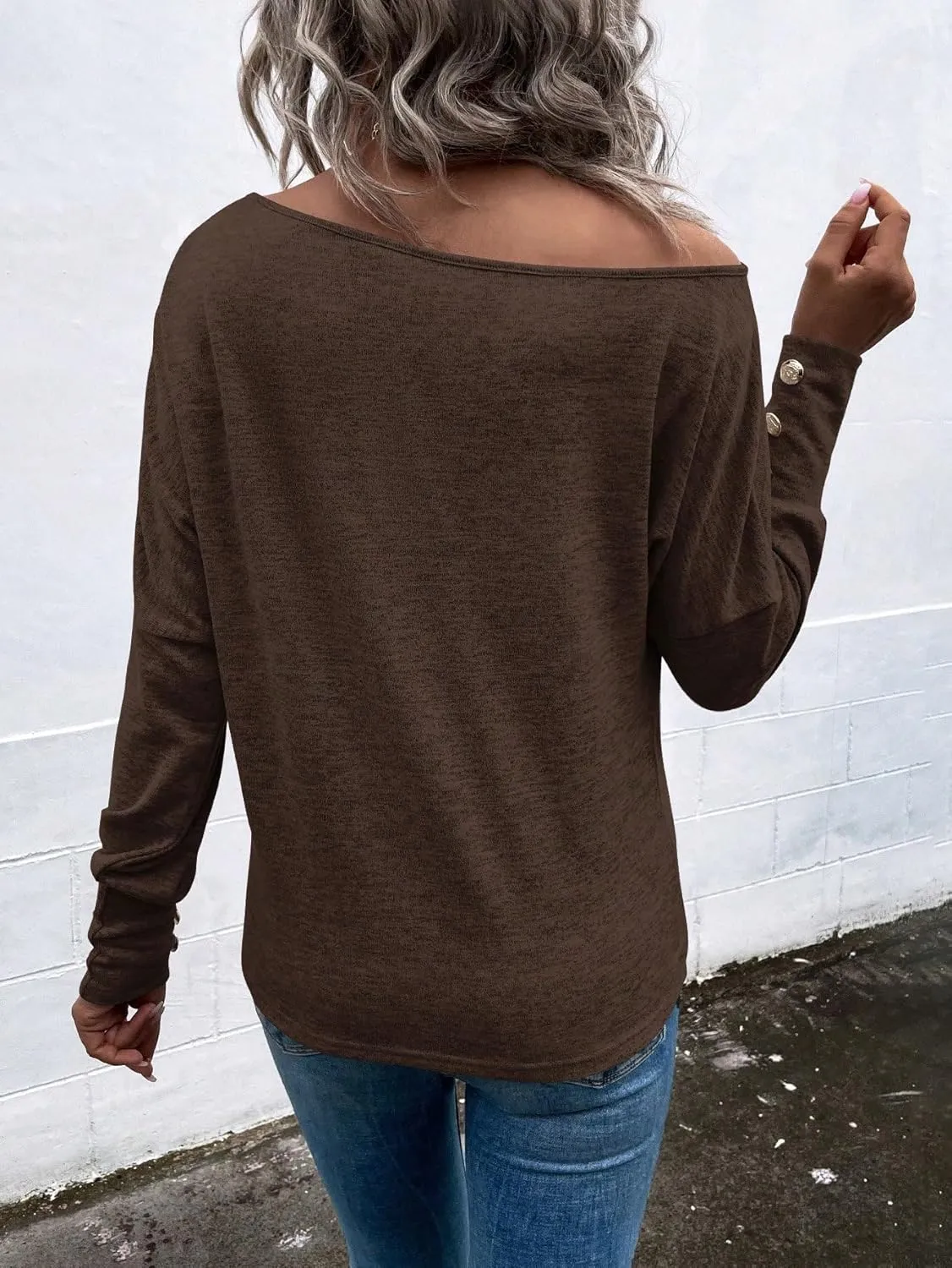 SweatyRocks Women's Cut Out Lantern Long Sleeve Tee Top Off Shoulder Plain Casual Holiday Spring Autumn Shirts