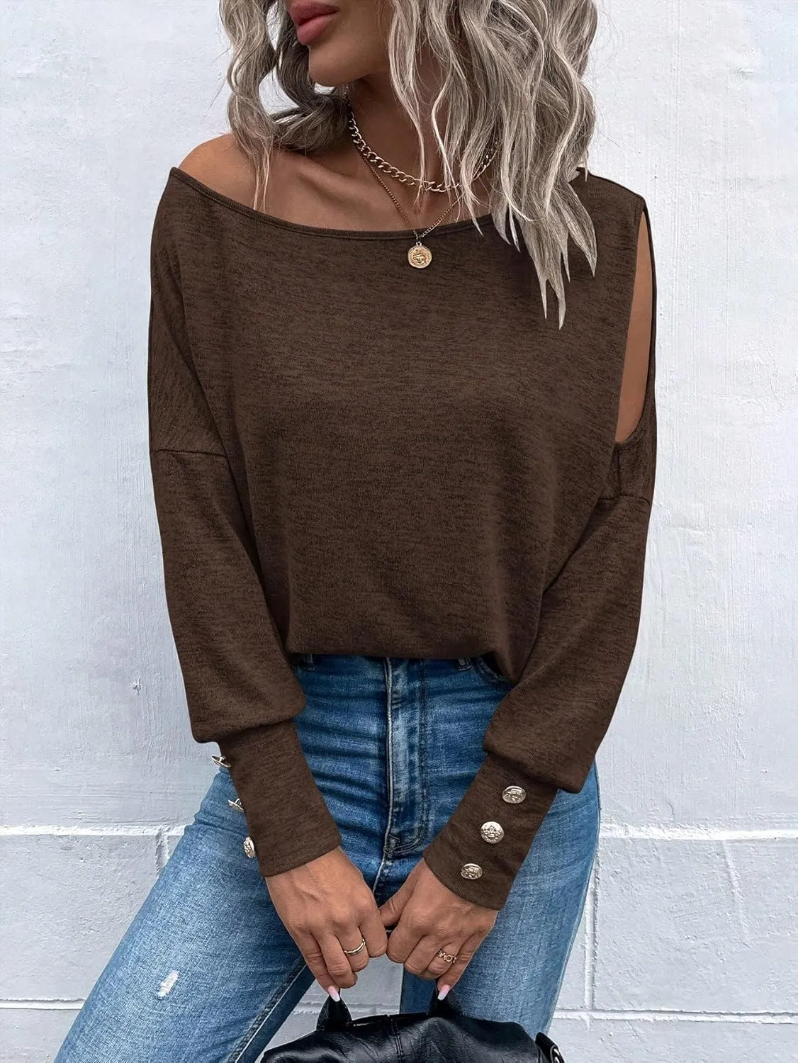 SweatyRocks Women's Cut Out Lantern Long Sleeve Tee Top Off Shoulder Plain Casual Holiday Spring Autumn Shirts