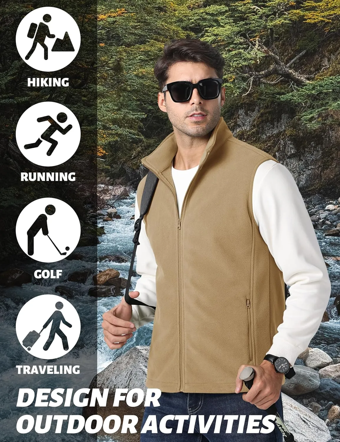 TACVASEN Men's Fleece Vest Zip Up Lightweight Vests Outerwear with Pockets Winter Warm Sleeveless Jacket for Hiking Golf