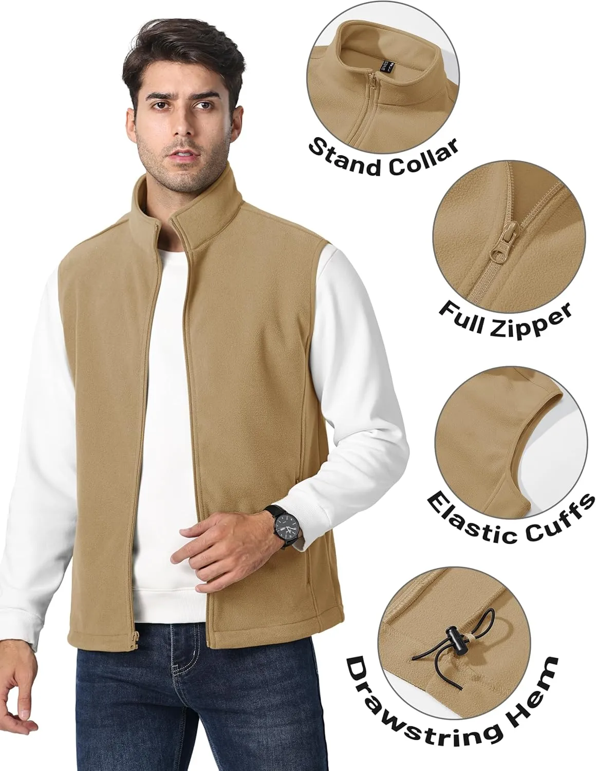 TACVASEN Men's Fleece Vest Zip Up Lightweight Vests Outerwear with Pockets Winter Warm Sleeveless Jacket for Hiking Golf