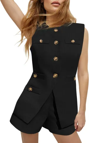 Tankaneo Womens 2 Piece Outfits Casual Suit Sets Sleeveless Button Down Blazer Vest Shorts Office Business Matching Set