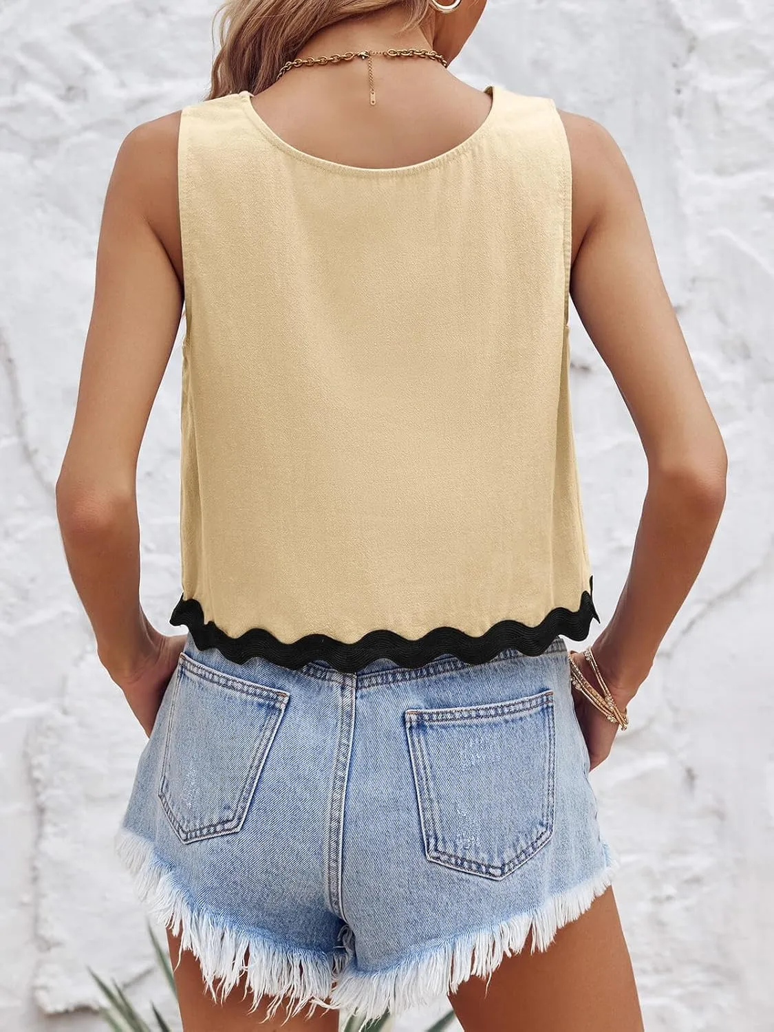 Tankaneo Womens Cropped Tank Tops Summer Casual Crew Neck Loose Fit Sleeveless Tee Shirts