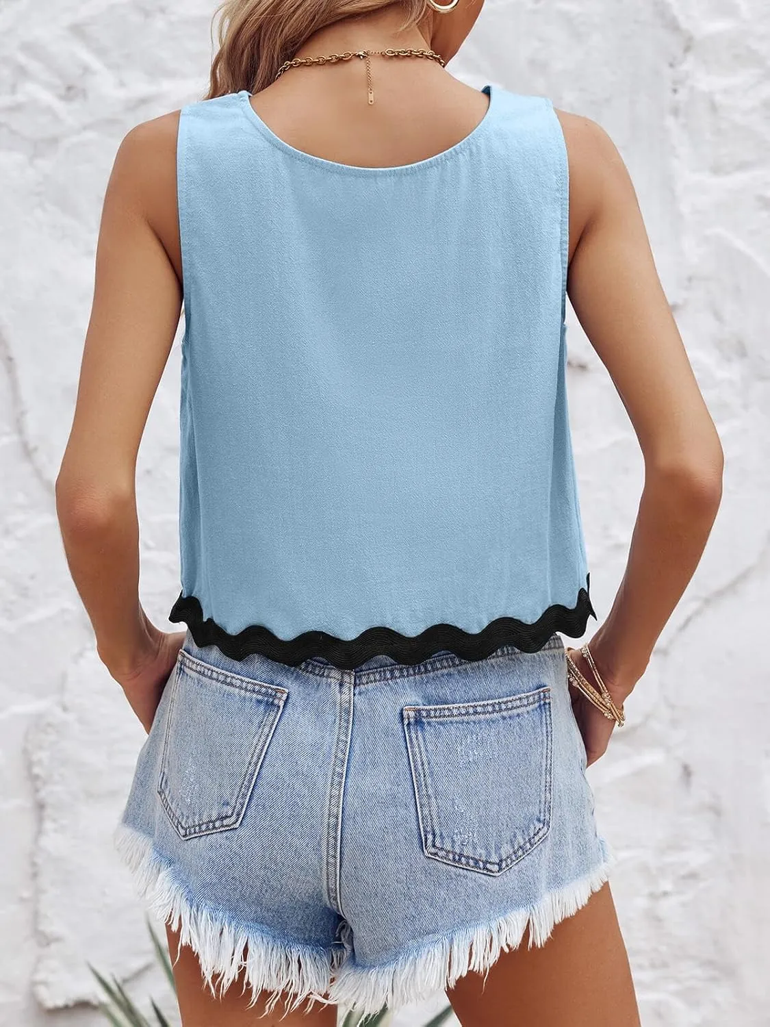 Tankaneo Womens Cropped Tank Tops Summer Casual Crew Neck Loose Fit Sleeveless Tee Shirts