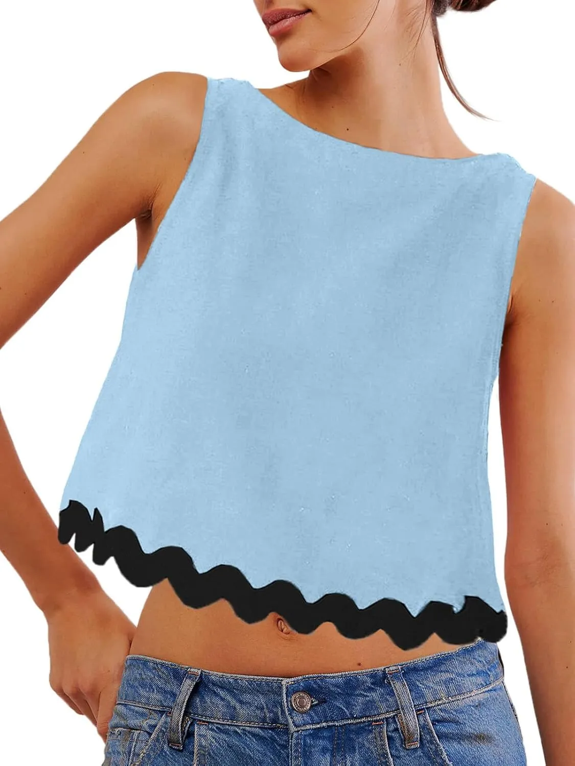 Tankaneo Womens Cropped Tank Tops Summer Casual Crew Neck Loose Fit Sleeveless Tee Shirts