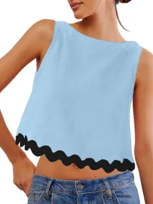 Tankaneo Womens Cropped Tank Tops Summer Casual Crew Neck Loose Fit Sleeveless Tee Shirts