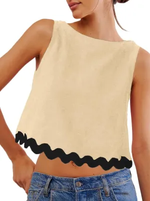 Tankaneo Womens Cropped Tank Tops Summer Casual Crew Neck Loose Fit Sleeveless Tee Shirts