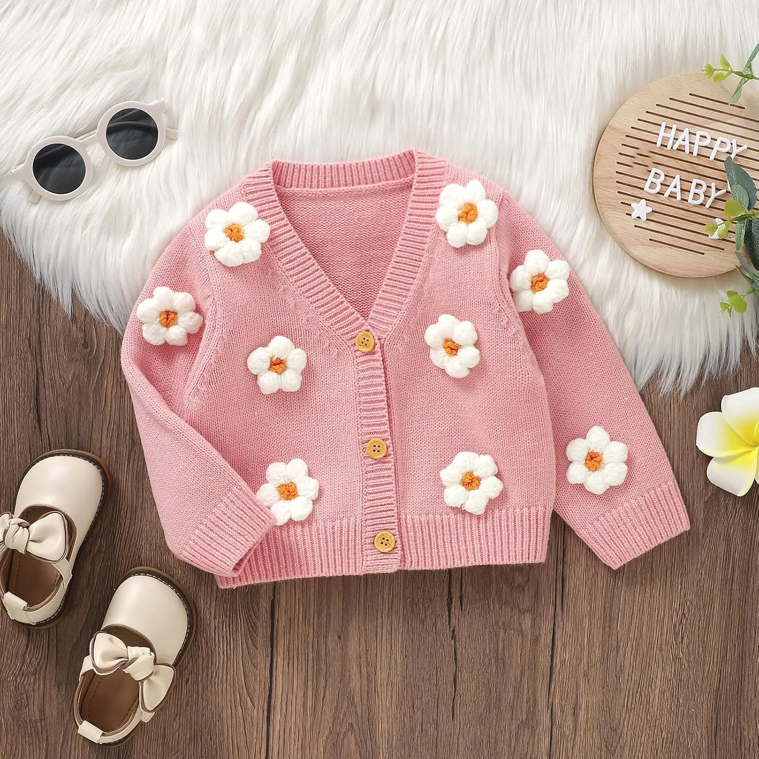 Toddler Baby Girl Sweater Floral Cardigan Knit Long Sleeve Coat Cute Fall Winter Outfits Clothes Infant Newborn