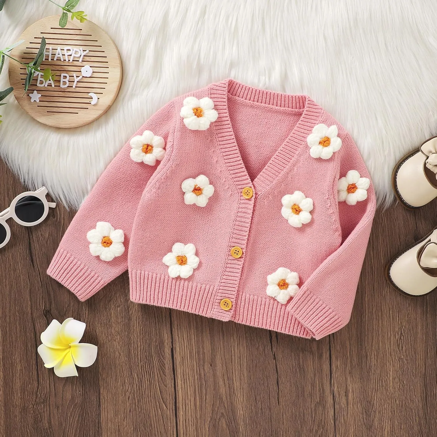 Toddler Baby Girl Sweater Floral Cardigan Knit Long Sleeve Coat Cute Fall Winter Outfits Clothes Infant Newborn