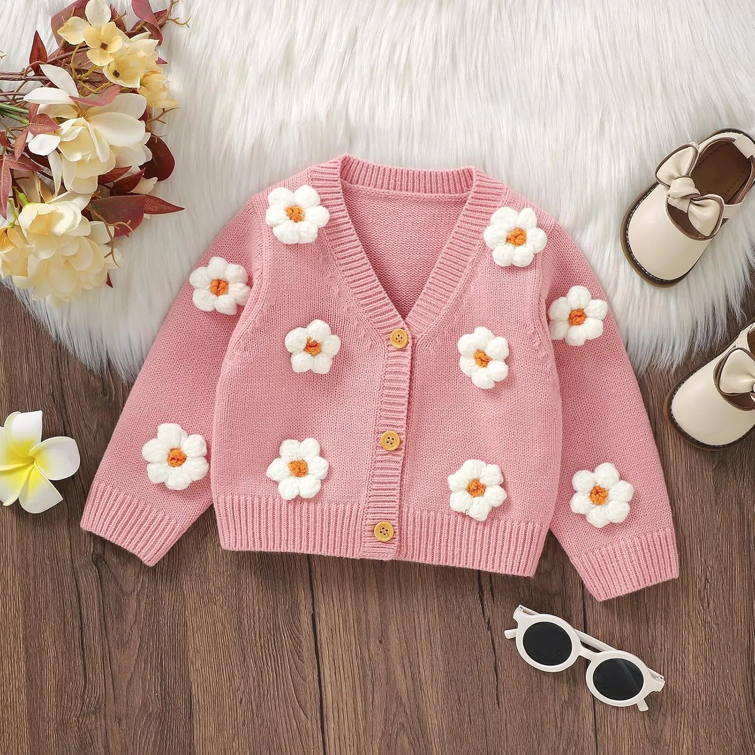 Toddler Baby Girl Sweater Floral Cardigan Knit Long Sleeve Coat Cute Fall Winter Outfits Clothes Infant Newborn