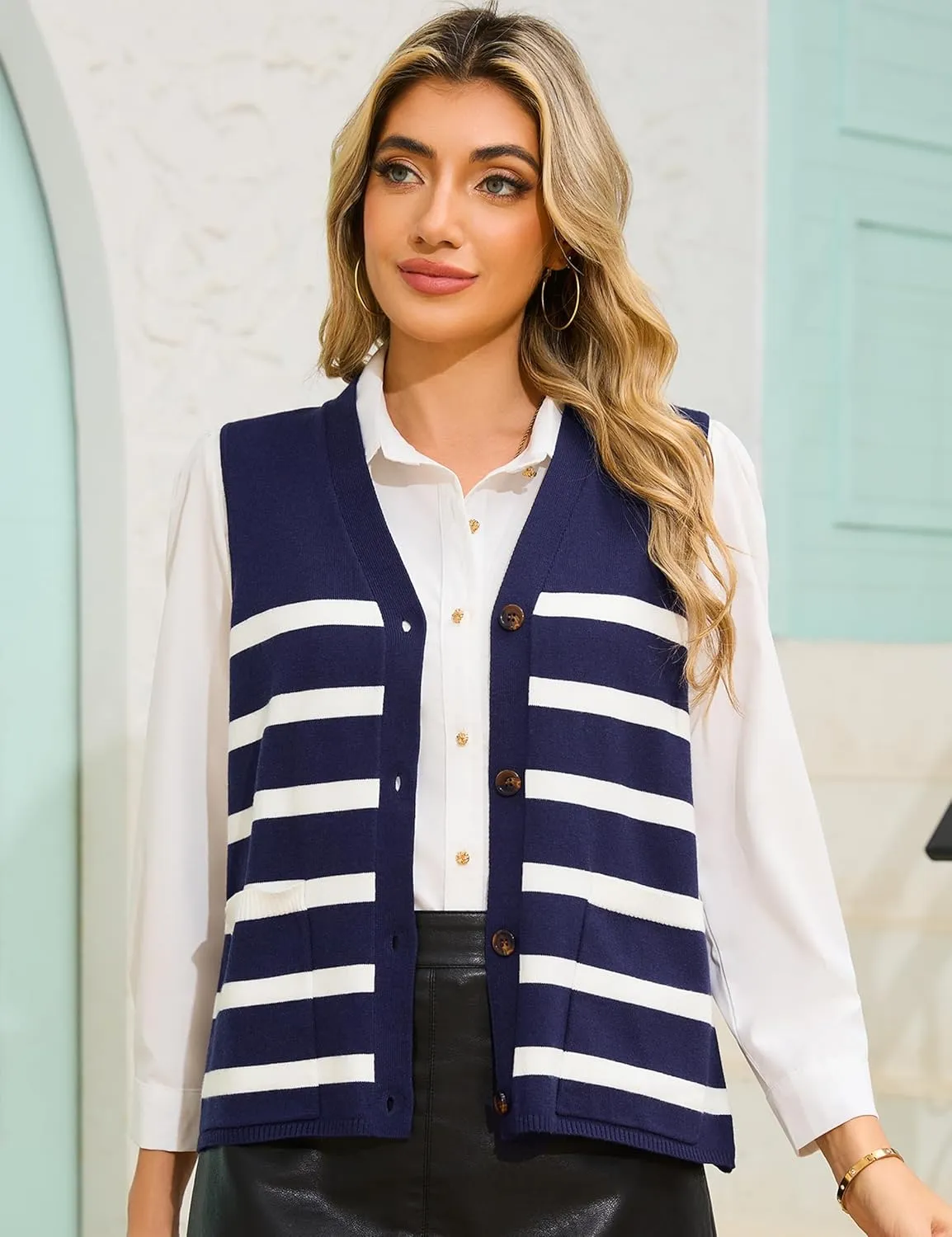 Totatuit Women's Sweater Vests Striped Lightweight Knit Tank Top Trendy Sweater Vest for Women with Pockets