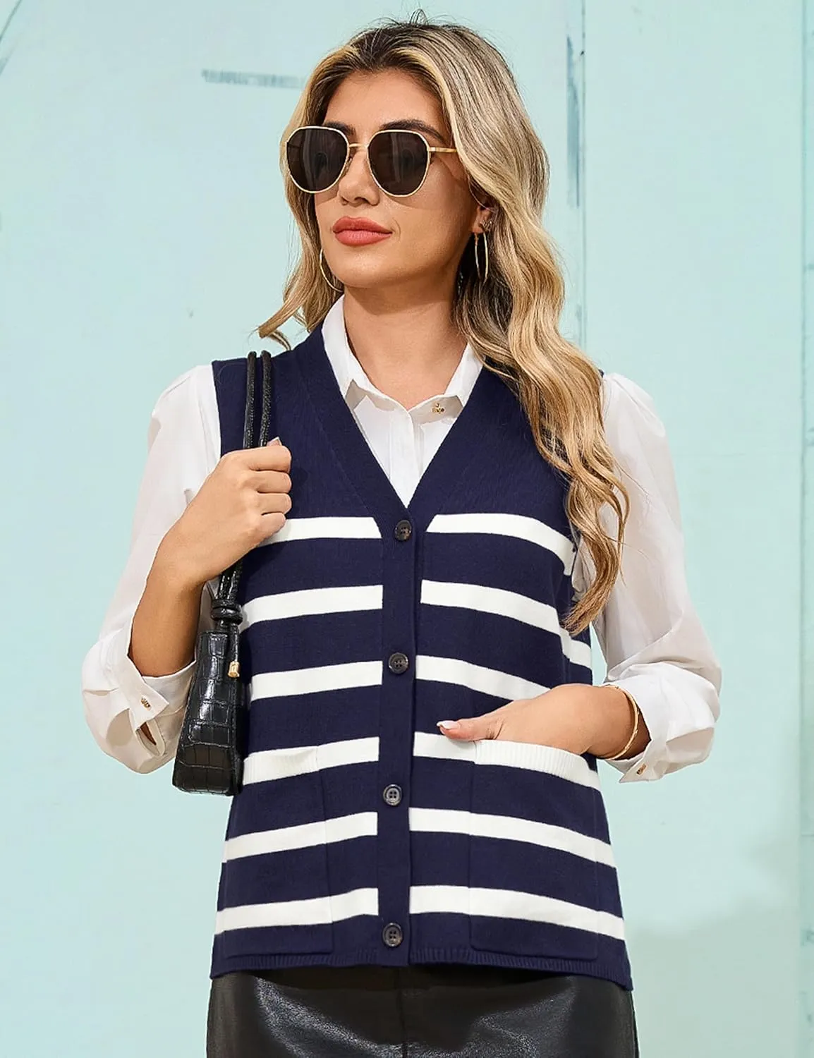 Totatuit Women's Sweater Vests Striped Lightweight Knit Tank Top Trendy Sweater Vest for Women with Pockets