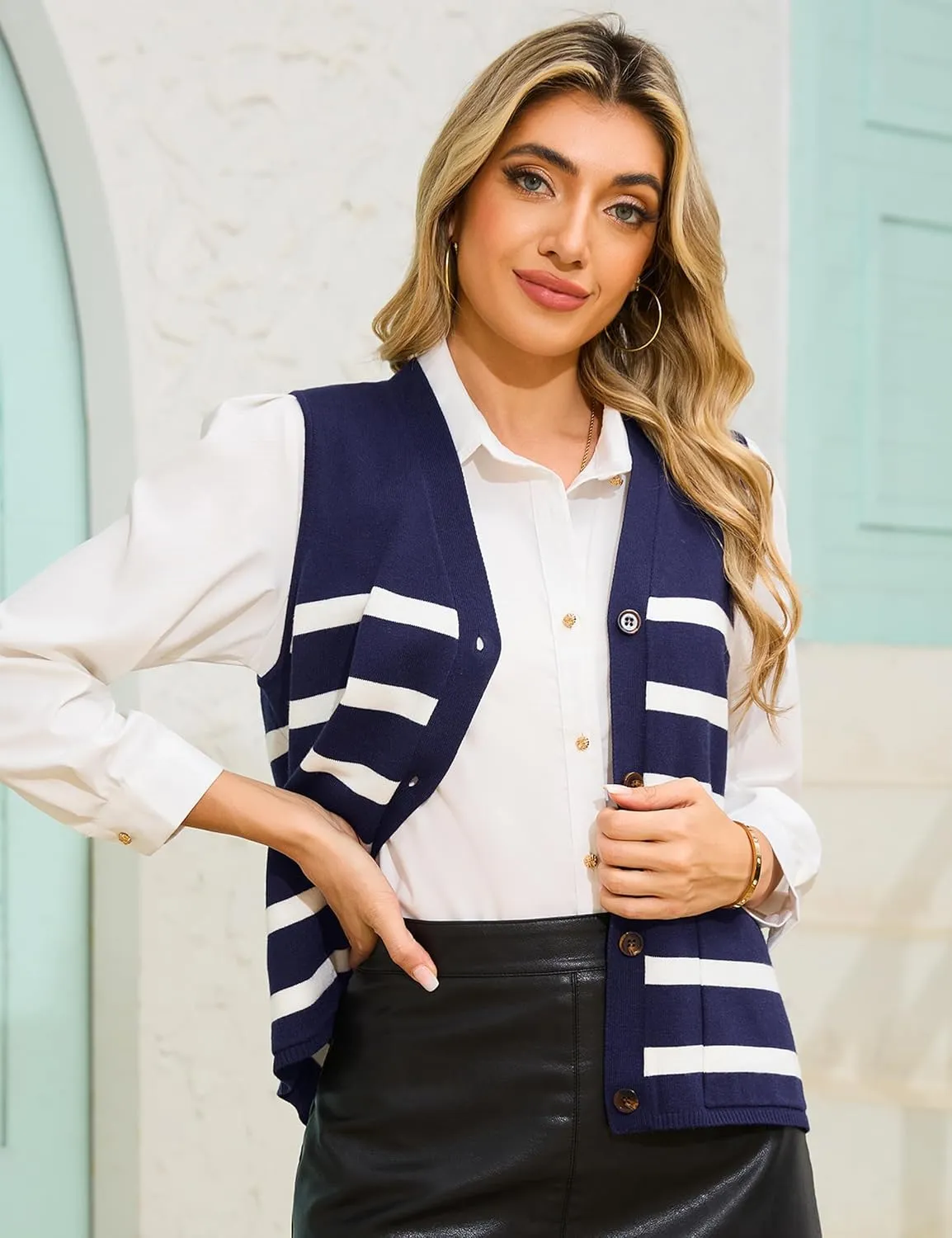 Totatuit Women's Sweater Vests Striped Lightweight Knit Tank Top Trendy Sweater Vest for Women with Pockets
