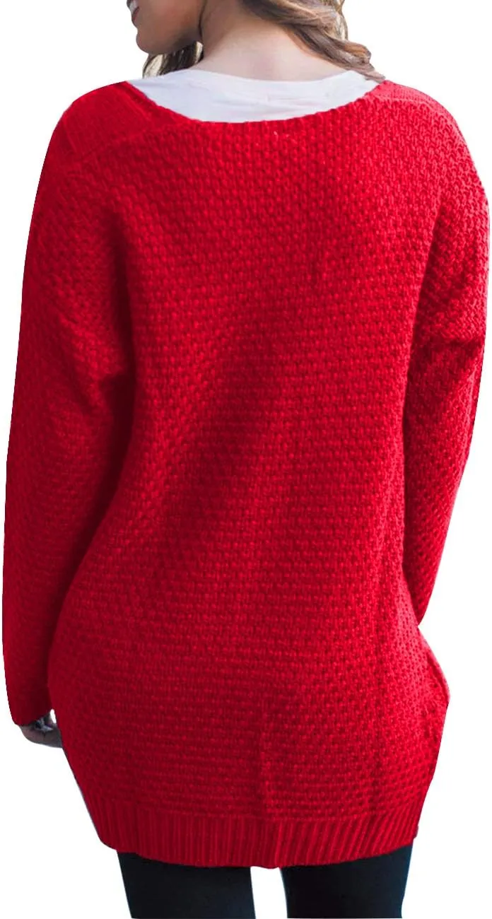 Traleubie Women's Open Front Long Sleeve Boho Boyfriend Knit Chunky Cardigan Sweater