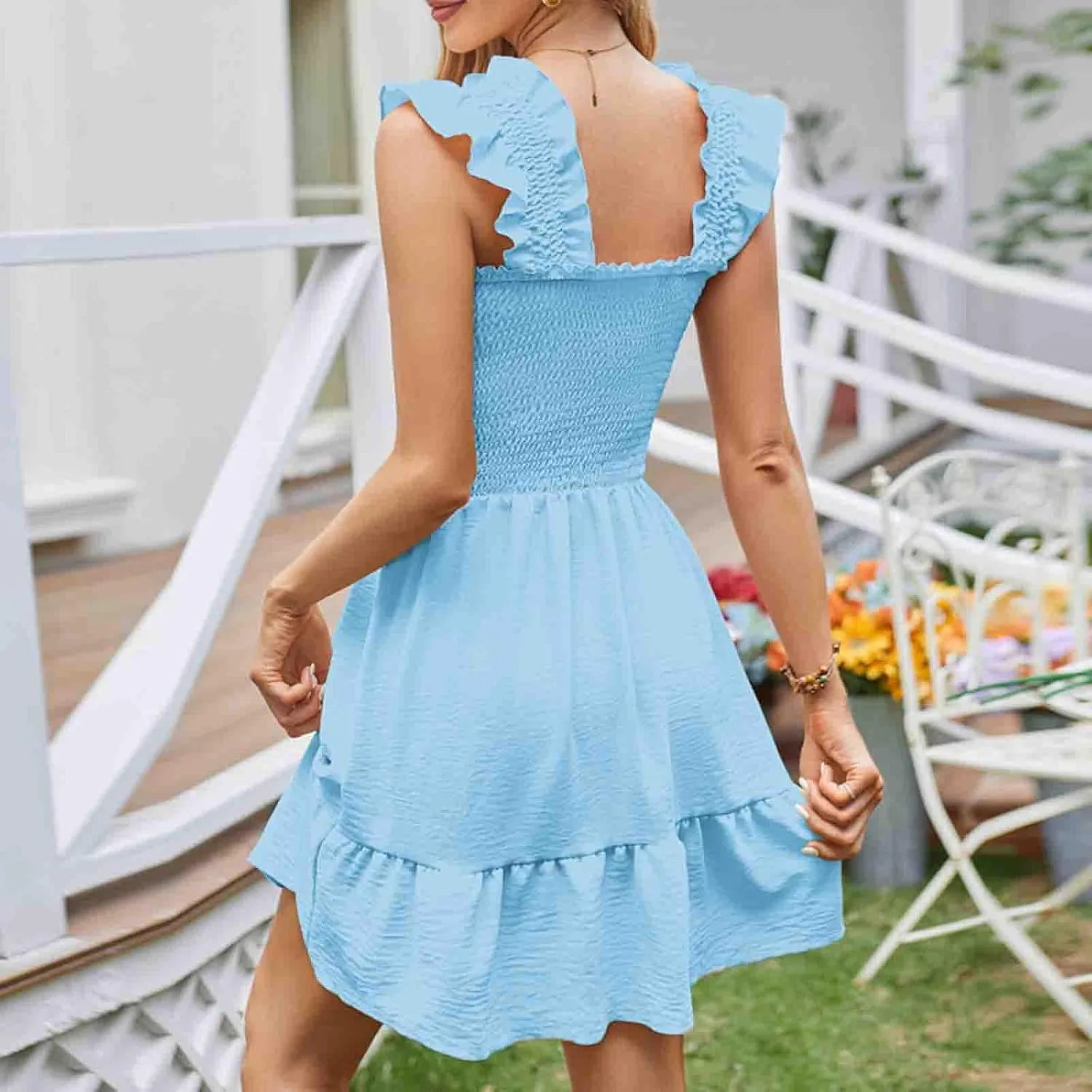 TUNUSKAT Womens Summer Casual Sleeveless Dresses Square Neck Smocked Ruffle Mini Dress 2024 Trendy Boho Beach Short Sundress