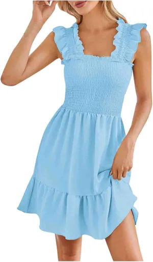 TUNUSKAT Womens Summer Casual Sleeveless Dresses Square Neck Smocked Ruffle Mini Dress 2024 Trendy Boho Beach Short Sundress