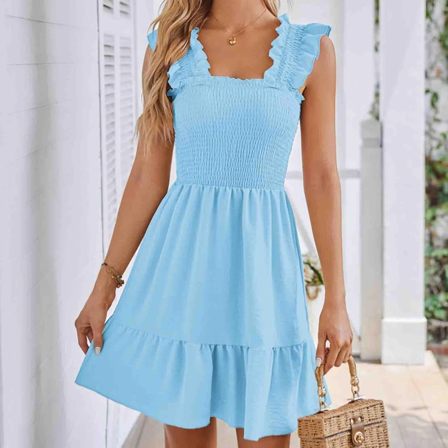 TUNUSKAT Womens Summer Casual Sleeveless Dresses Square Neck Smocked Ruffle Mini Dress 2024 Trendy Boho Beach Short Sundress