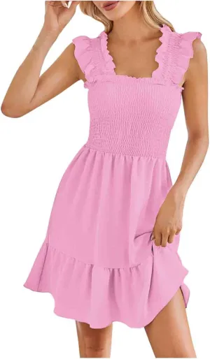 TUNUSKAT Womens Summer Casual Sleeveless Dresses Square Neck Smocked Ruffle Mini Dress 2024 Trendy Boho Beach Short Sundress
