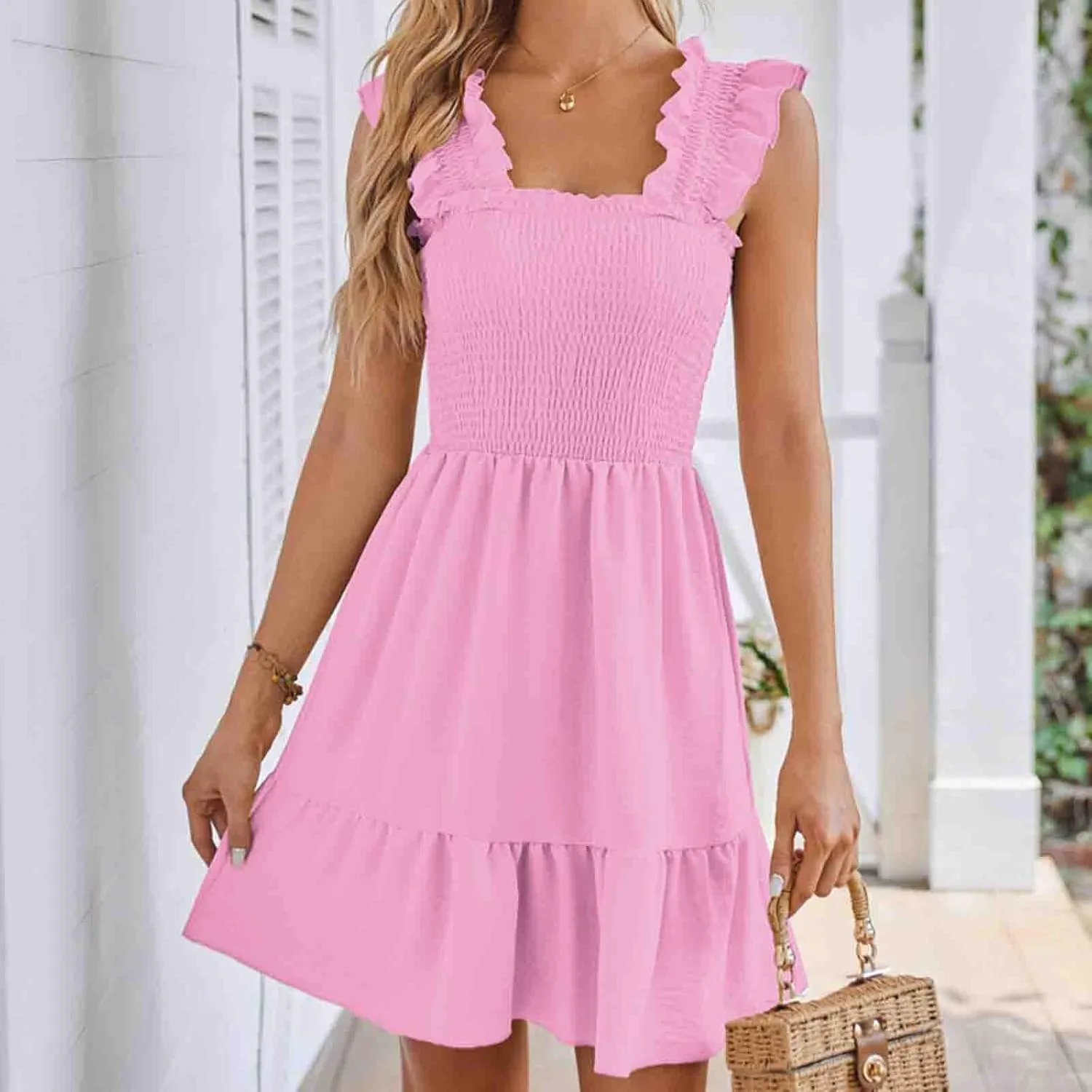 TUNUSKAT Womens Summer Casual Sleeveless Dresses Square Neck Smocked Ruffle Mini Dress 2024 Trendy Boho Beach Short Sundress