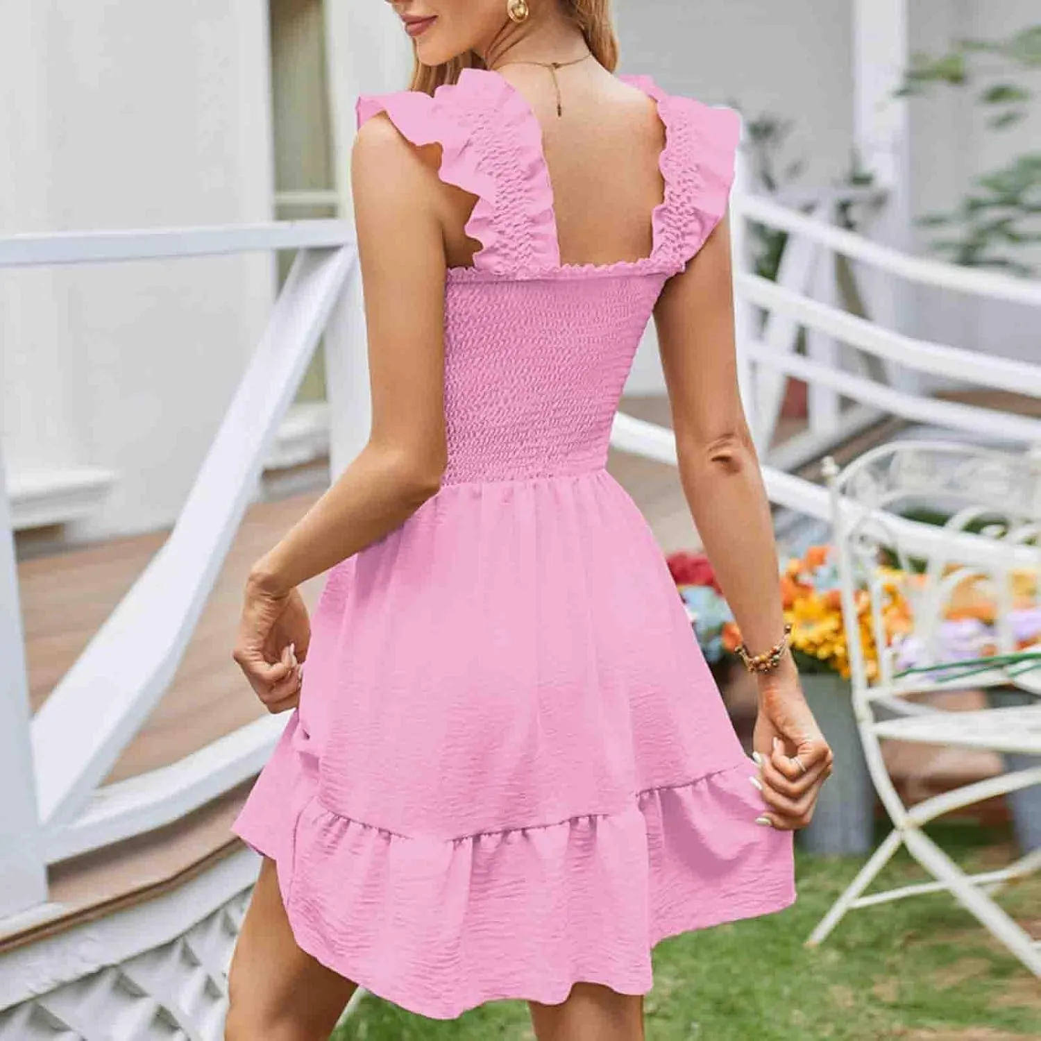 TUNUSKAT Womens Summer Casual Sleeveless Dresses Square Neck Smocked Ruffle Mini Dress 2024 Trendy Boho Beach Short Sundress