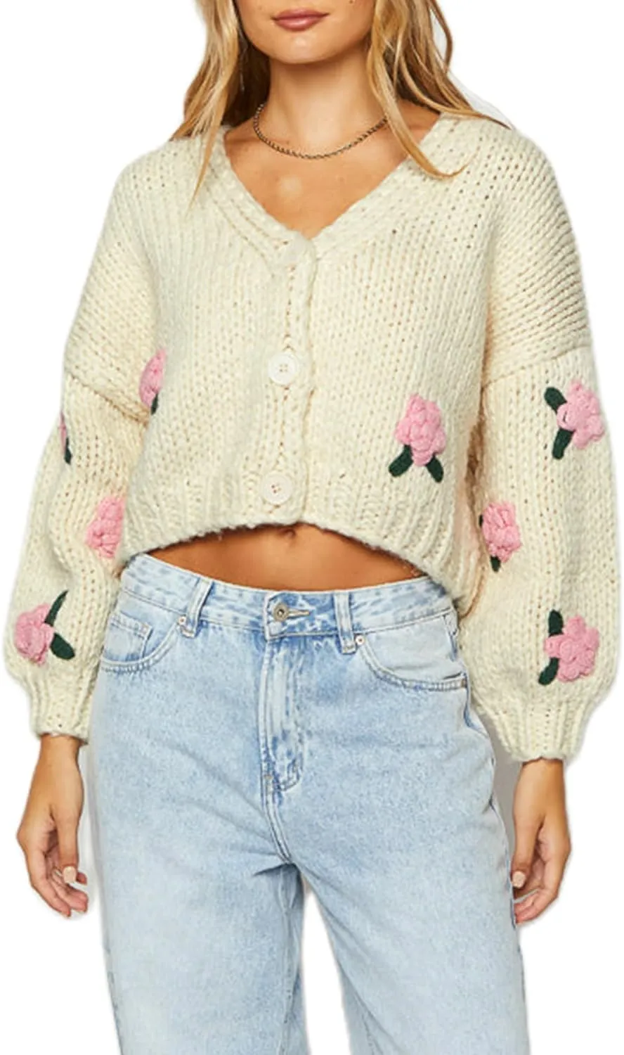 UAURORAO Women Oversized Cute Cardigan Fruit Embroidered Cropped Sweater Coat Button Chunky Knit Aesthetic Cardigans
