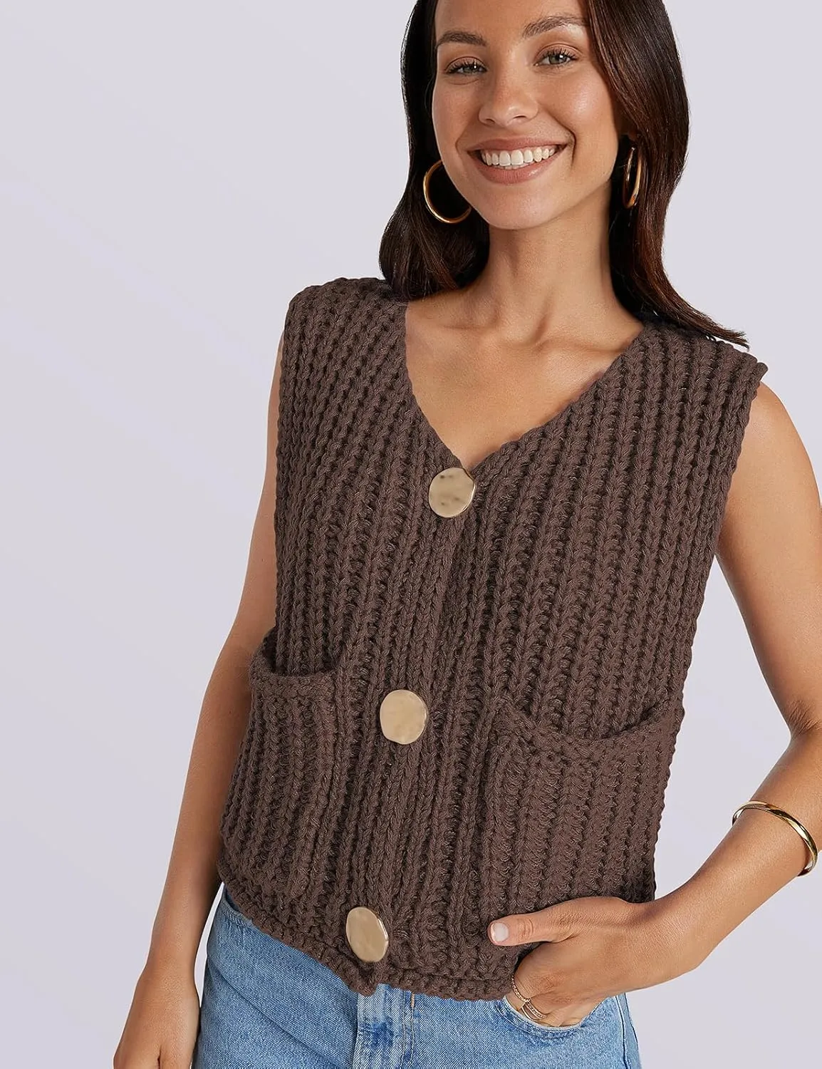 UEU Womens Chunky Sweater Vest Button Down Sleeveless Cardigan V Neck Crop Crochet Knit Tops 2025 Fashion Trendy Clothes