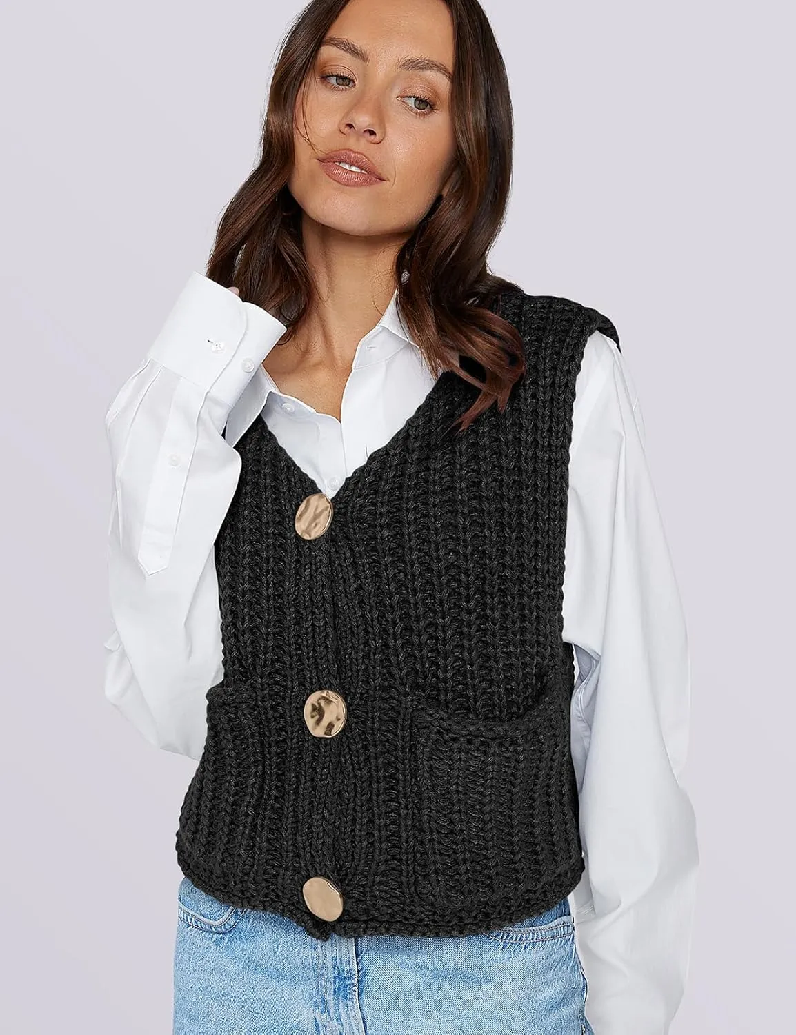 UEU Womens Chunky Sweater Vest Button Down Sleeveless Cardigan V Neck Crop Crochet Knit Tops 2025 Fashion Trendy Clothes