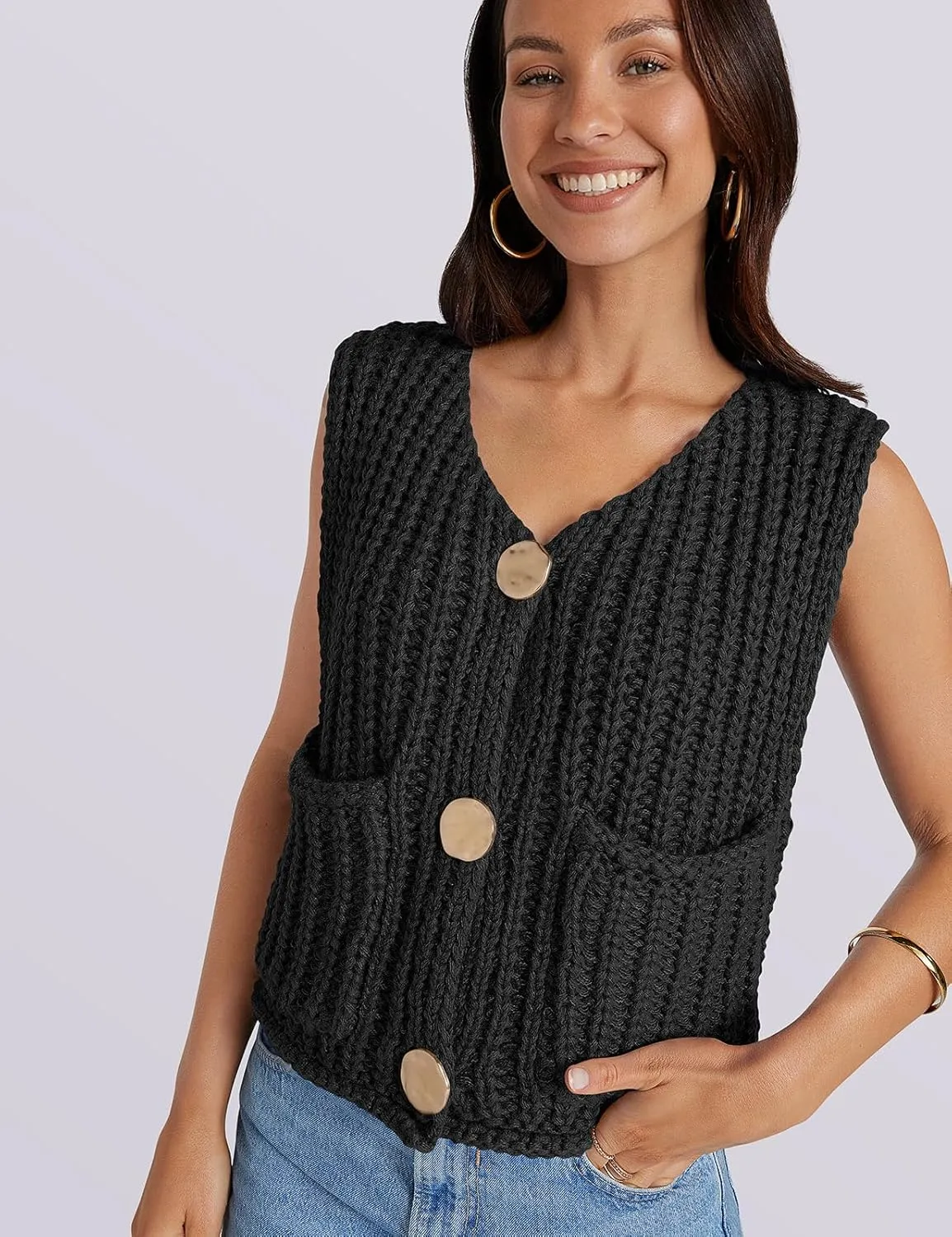 UEU Womens Chunky Sweater Vest Button Down Sleeveless Cardigan V Neck Crop Crochet Knit Tops 2025 Fashion Trendy Clothes